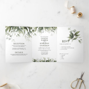 Invitation Trois Volets Aquarelle Verdure Feuille Mariage de feuillage