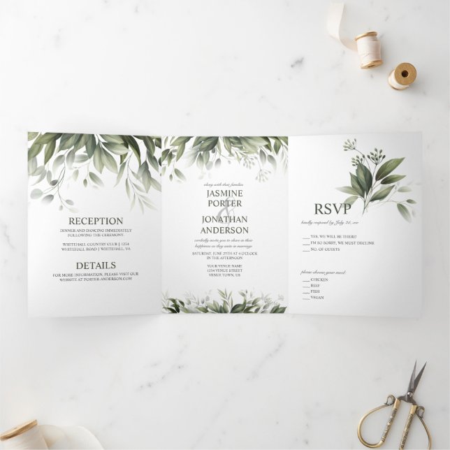 Invitation Trois Volets Aquarelle Verdure Feuille Mariage de feuillage (Intérieur)
