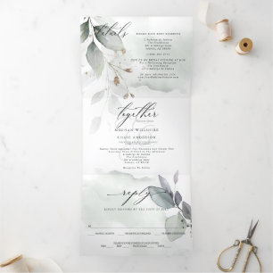 Invitation Trois Volets Aquarelle Vert feuille tout en un MARIAGE