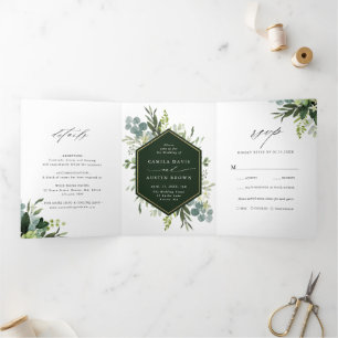 Invitation Trois Volets Aquarelle verte Hexagon or photo Mariage