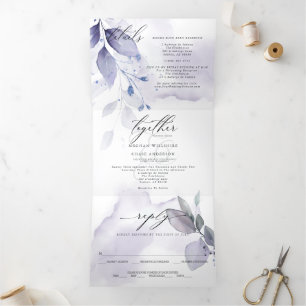 Invitation Trois Volets Aquarelle Violet Feuilles TOUT EN UN MARIAGE