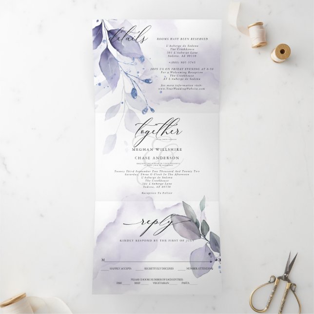 Invitation Trois Volets Aquarelle Violet Feuilles TOUT EN UN MARIAGE (Intérieur)