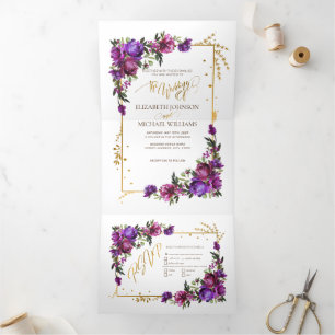 Invitation Trois Volets Aquarelle violet rose chaud or Script floral