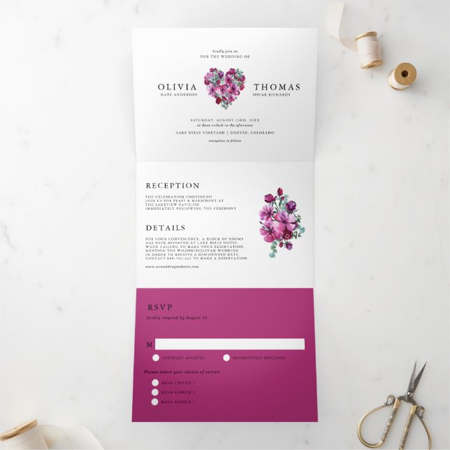 Invitation Trois Volets Aquarelle violette Mariage de bouquet de coeur flo (Intérieur)