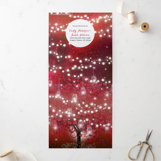 Invitation Trois Volets Arbre à feuilles de coeur rouge et rose sur Mariag (Extérieur)