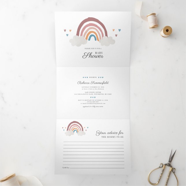 Invitation Trois Volets Arc en ciel moderne Boho Script Baby shower chic (Intérieur)
