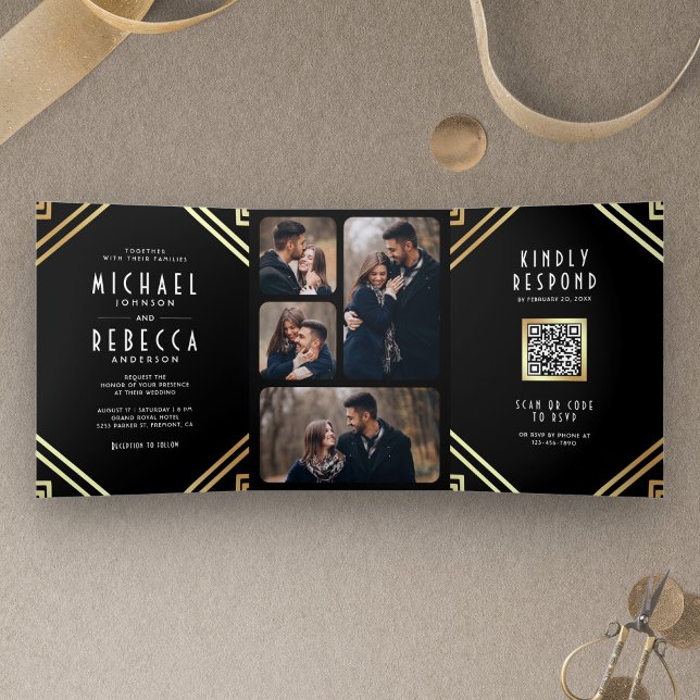 Invitation Trois Volets Art Déco Géométrique Code QR Mariage Noir Or (Créateur téléchargé)