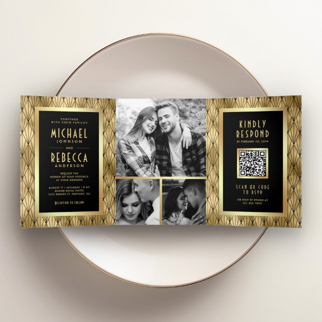 Invitation Trois Volets Art Déco Géométrique Code QR Mariage Noir Or (Créateur téléchargé)