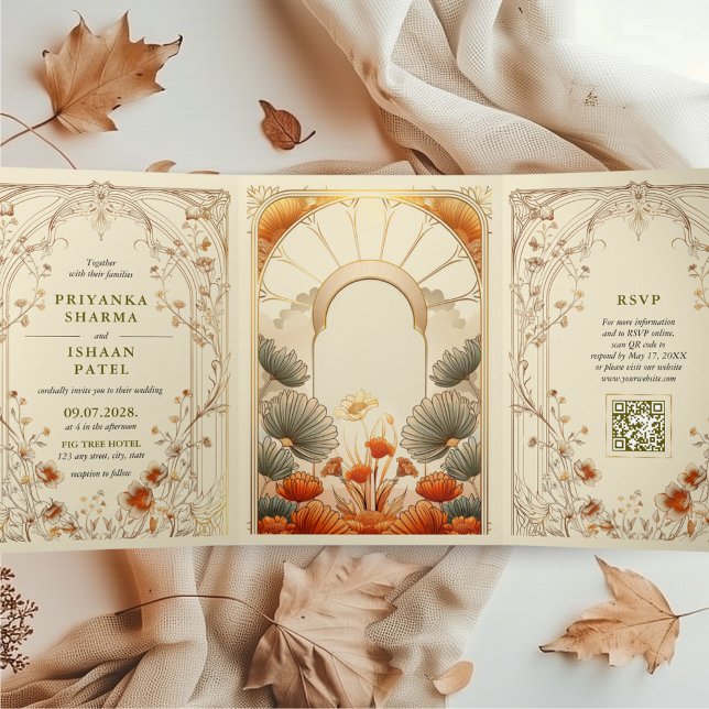 Invitation Trois Volets Art Nouveau Floral unique QR Code tout en un (Art Nouveau Tri Fold All in One QR code Wedding Invitation Art Deco Indian Wedding Hindu Vintage)