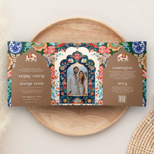 Invitation Trois Volets Art populaire indien Elephant Mariage beige