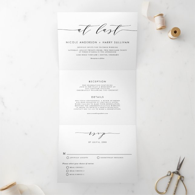 Invitation Trois Volets At Last Black Minimum Script Wedding (Intérieur)