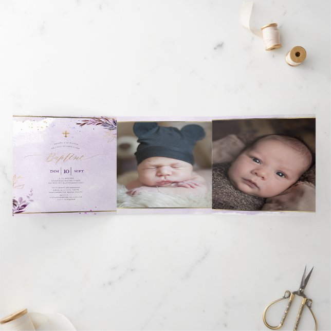 Invitation Trois Volets Aubergine Couronne de Feuillage Aquarelle, Bapteme (Intérieur)