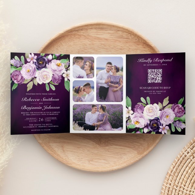Invitation Trois Volets Aubergine Floral Code QR Mariage Sombre et Romanti (Créateur téléchargé)