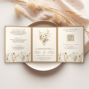 Invitation Trois Volets Automne Bohème Code QR Photo Fleur Sauvage Mariage