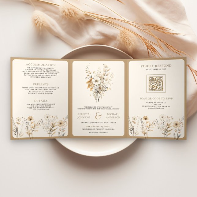 Invitation Trois Volets Automne Boho Fleur sauvage photo QR Code Mariage (Créateur téléchargé)