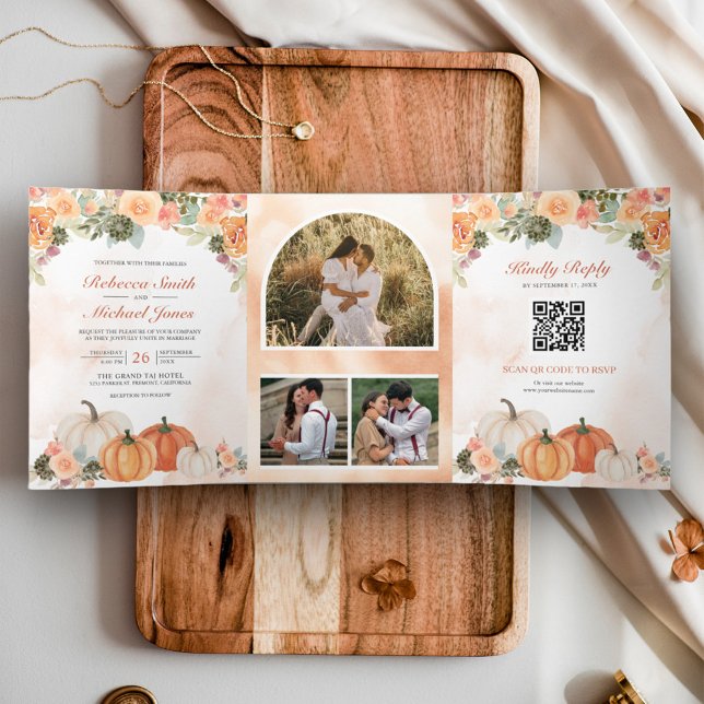 Invitation Trois Volets Automne Pumpkin Floral Code QR Photo de mariage (Créateur téléchargé)