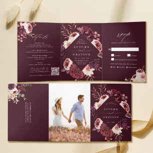Invitation Trois Volets Automne Romance Aquarelle Florale Mariage Bourgogn