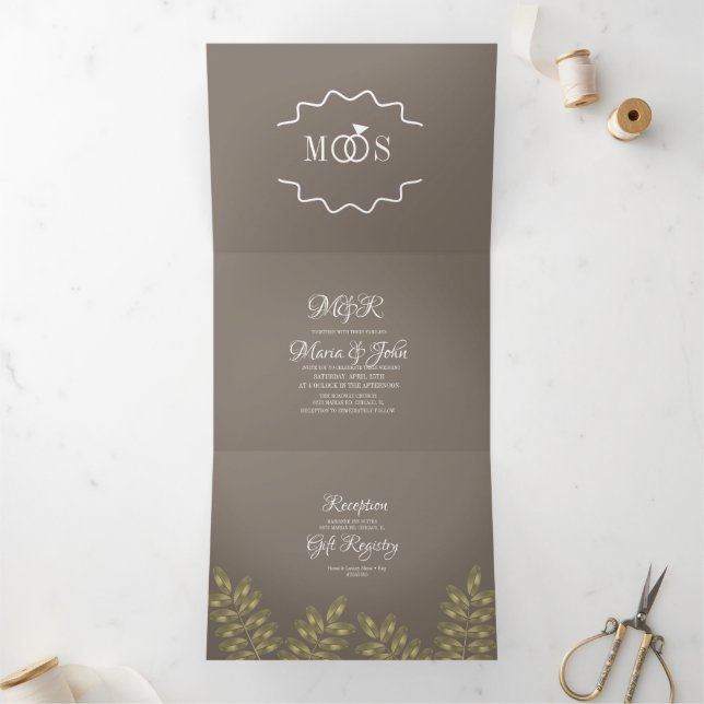 Invitation Trois Volets Bague de feuillage de foil moderne Logo de mariage (Intérieur)