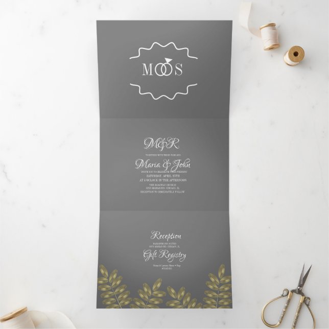Invitation Trois Volets Bague de feuillage de moderne en feuille d'alumini (Intérieur)