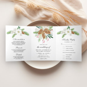 Invitation Trois Volets Baies blanches Pine Cônes 3 en 1 Mariage de Noël