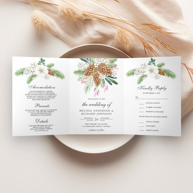 Invitation Trois Volets Baies blanches Pine Cônes 3 en 1 Mariage de Noël (Créateur téléchargé)