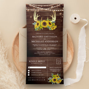 Invitation Trois Volets Barre Bois Sunflower or Floral Antler Mariage