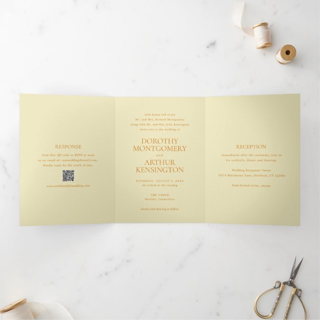 Invitation Trois Volets Beurre moderne Jaune QR Code élégant Mariage (Intérieur)