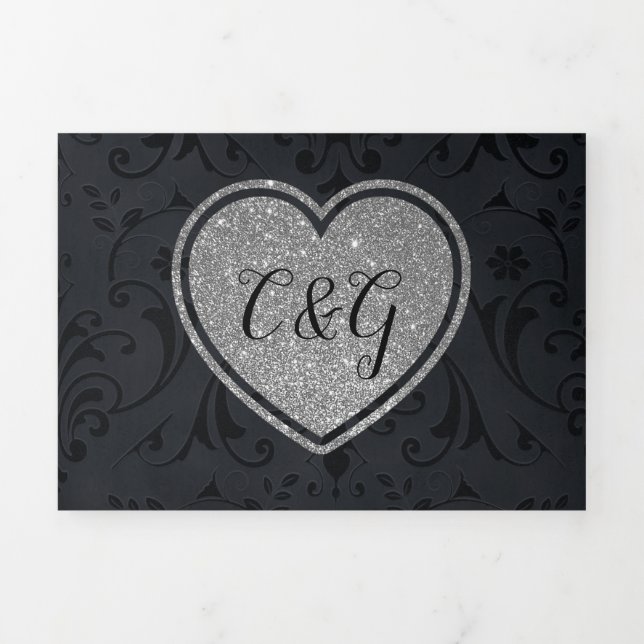 Invitation Trois Volets Black Damask Coeur d'argent tout en un Mariage (Page de couverture)