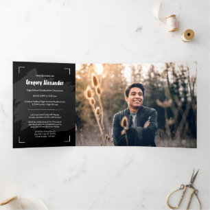 Invitation Trois Volets Black Edgy Abstrait Brushstroke Photo Graduation