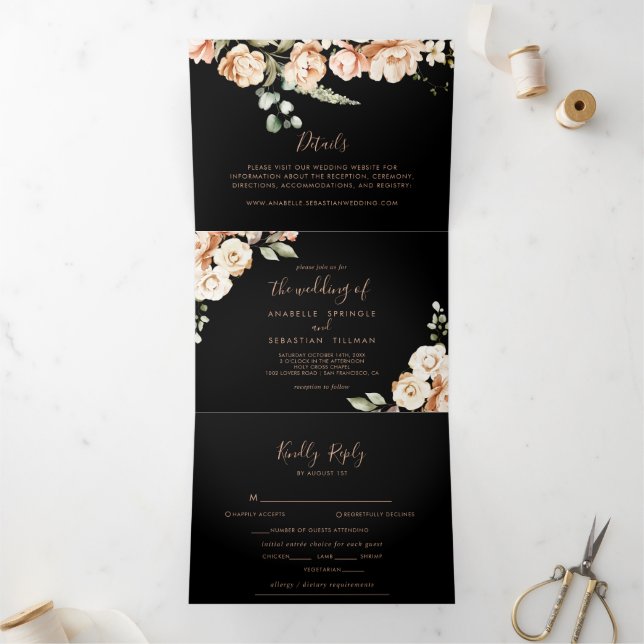 Invitation Trois Volets Black Forme Royal Floral Mariage (Intérieur)