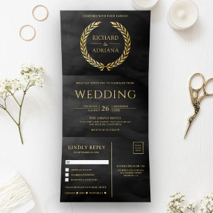 Invitation Trois Volets Black Gold Laurel Minimal tout en un Mariage