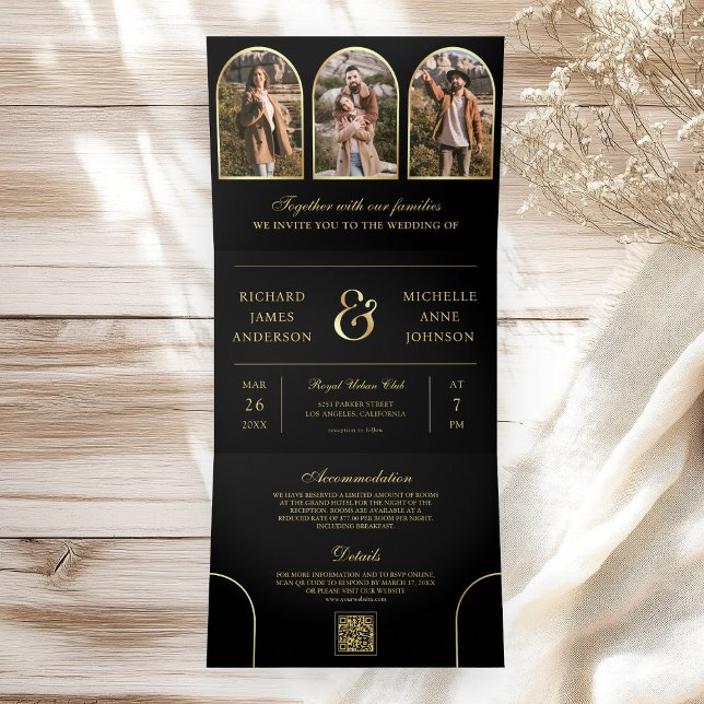 Invitation Trois Volets Black Gold Minimal Arch Photo QR code Wedding (Créateur téléchargé)