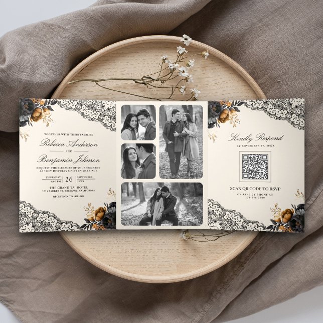 Invitation Trois Volets Black Gold Roses dentelle crème gothique QR Code M (Créateur téléchargé)