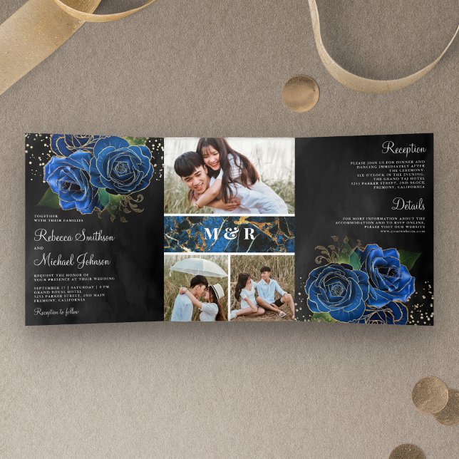 Invitation Trois Volets Black Gold Royal Blue Floral Photo Collage Mariage (Créateur téléchargé)