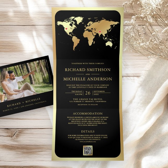 Invitation Trois Volets Black Gold World Map QR Code Photo Wedding (Créateur téléchargé)