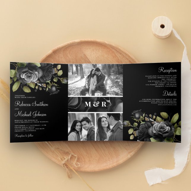 Invitation Trois Volets Black Rose Floral Photo Collage Mariage gothique (Créateur téléchargé)