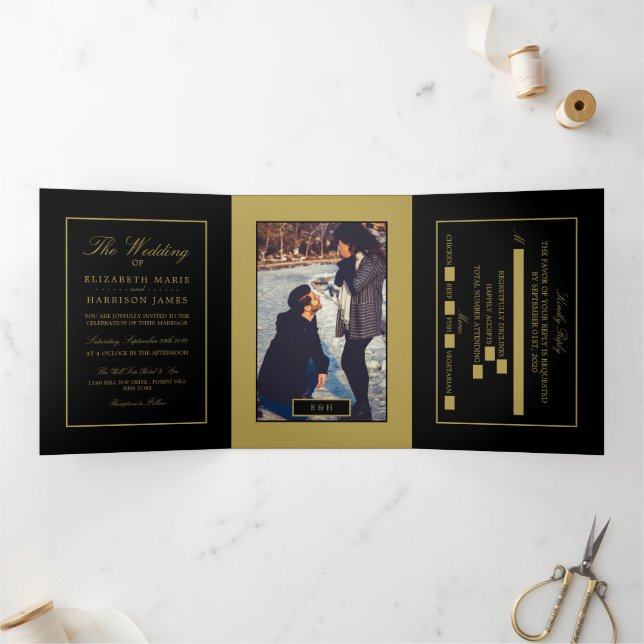 Invitation Trois Volets Black & Soft Gold moderne, Suite Mariage (Intérieur)