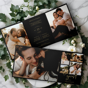 Invitation Trois Volets Black Trendy & Stylish Collage Mariage 7 Photos
