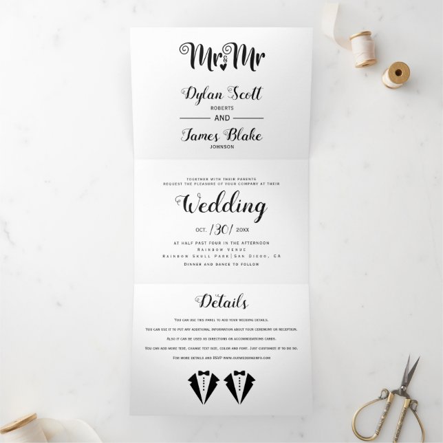 Invitation Trois Volets Black tuxedo Mr and Mr two grooms gay wedding (Intérieur)