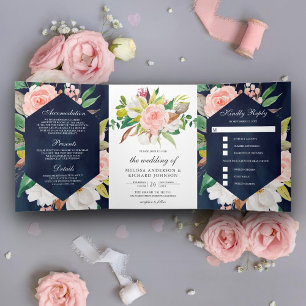 Invitation Trois Volets Blanc Magnolia Rouge Floral Bleu Marine Mariage