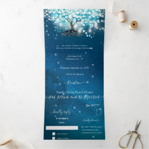 Invitation Trois Volets Bleu Aqua Turquoise Cœur Feuille Arbre Mariage Tri
