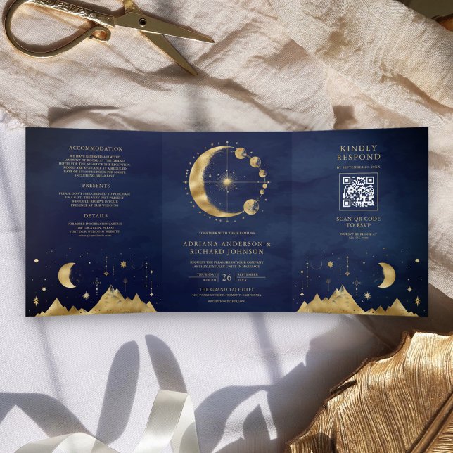 Invitation Trois Volets Bleu Céleste Or Croissant de Lune Phases de Lune M (Créateur téléchargé)