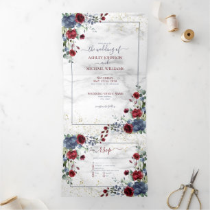 Invitation Trois Volets Bleu clair Bourgogne Mariage floral