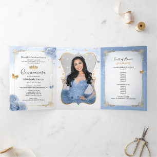 Invitation Trois Volets Bleu clair et or élégant espagnol photo coing