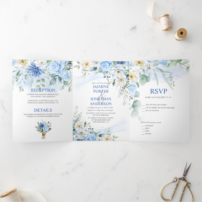 Invitation Trois Volets Bleu clair, Marine, Aquarelle blanche d'hiver Flor (Intérieur)