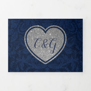 Invitation Trois Volets Bleu Damas Coeur d'argent tout en un Mariage