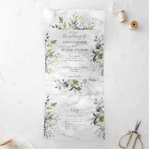 Invitation Trois Volets Bleu Duché Eucalyptus Vert Marbre botanique