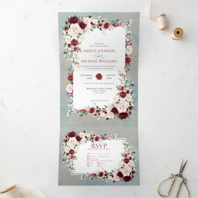 Invitation Trois Volets Bleu Dusty Burgundy Blush Floral Photo (Intérieur)