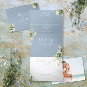 Invitation Trois Volets Bleu Dusty Moderne Botanique Verdure Mariage photo
