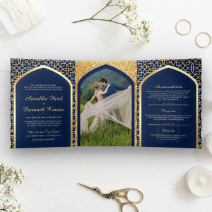Invitation Trois Volets Bleu et or Bollywood Style Mariage indien